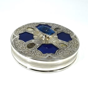 Antique/ vintage silverplate, enamel, faux lapis lazuli and horn dresser box & cover