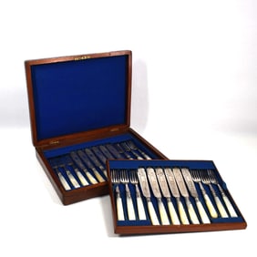 English silverplate & mother-of-pearl fish flatware set for 12