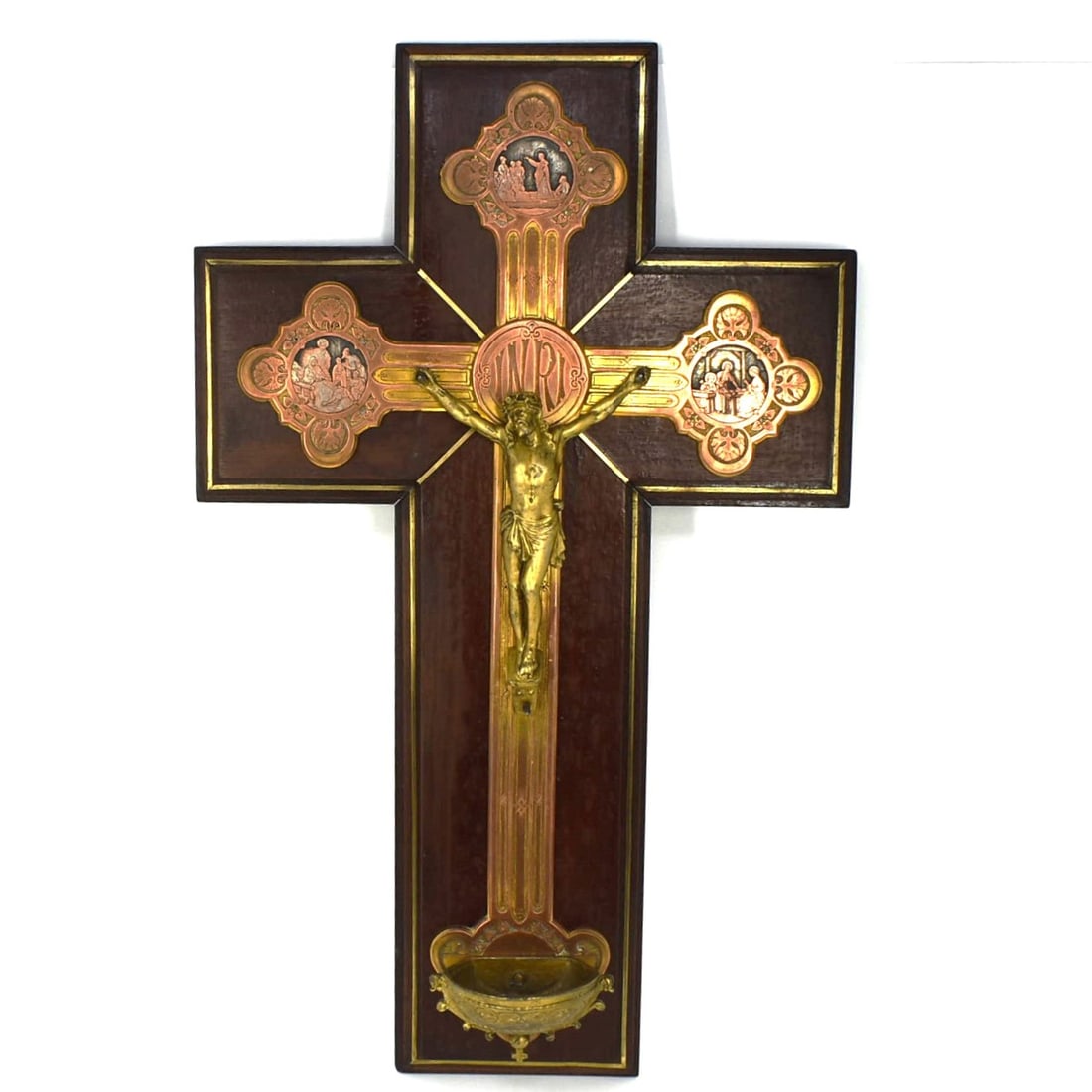 Antique gilt, silvered copper and wood crucifix (1 of 14)