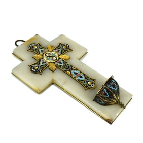 An antique French Champleve enamel & onyx Holy water font