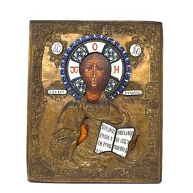 Antique Icon of Christ Pantocrator with enamelled brass oklad