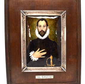A Spanish enamel on copper plaque after El Greco, in silver & wood frame