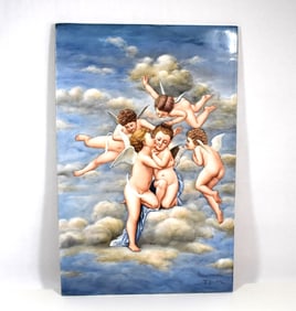 A massive KPM or KPM style hand-painted porcelain plaque with putti
