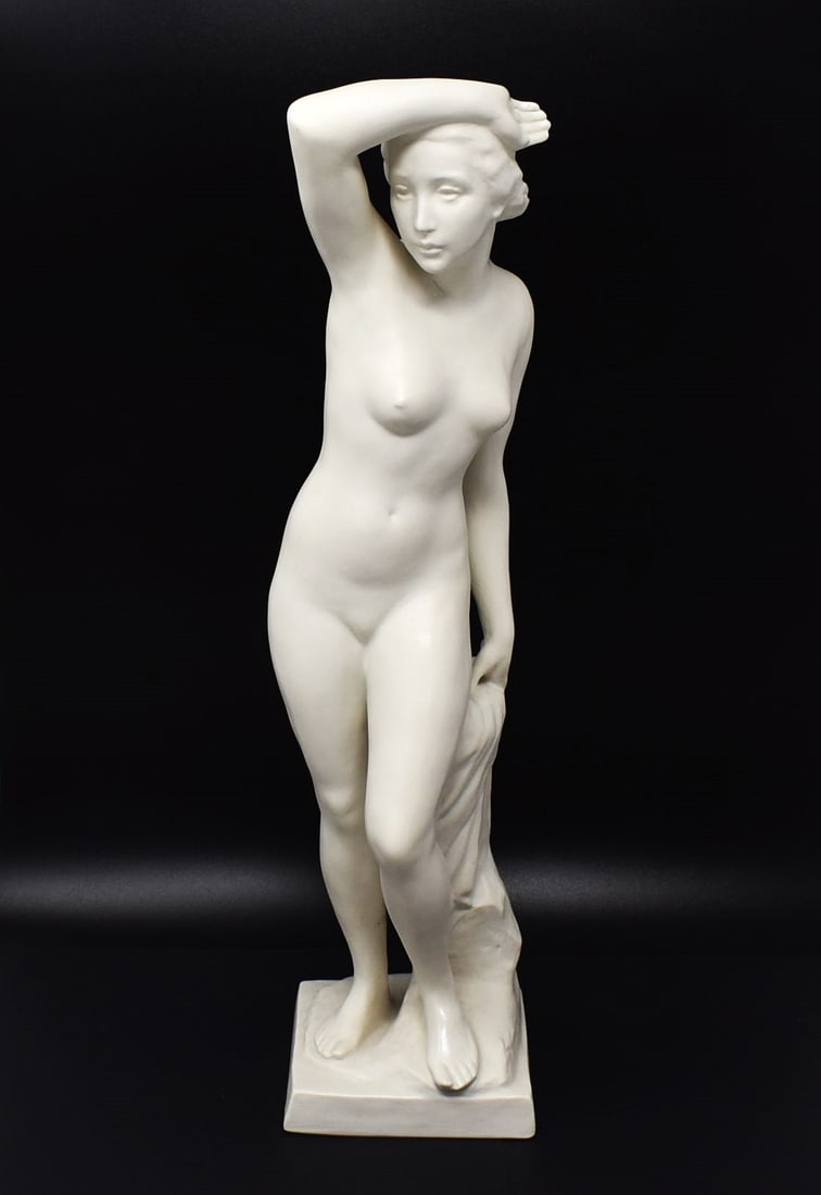 R. Kaesbach for Rosenthal Art Deco porcelain nude figurine: Rudolf Kaesbach for Rosenthal Art Deco bisque porcelain figure, ?Looking Out? Nude , 1938 . Signed 'R. kaesbach' on the base and marked with Rosenthal factory stamp on the underside. Approximate measu