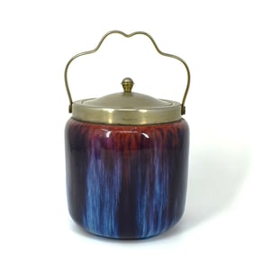 Unusual antique English silverplate & flambe-glazed tea caddy