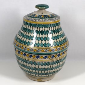 20th C. Moroccan Fez Pottery Lidded Jobbana / Jubbana