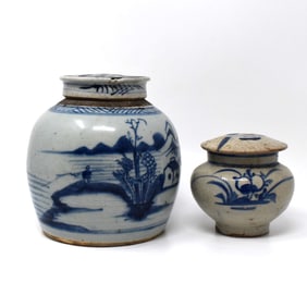 Two antique Chinese Blue & white pottery jars and covers