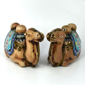 A pair of antique/ vintage Chinese enamel on copper camel figurines
