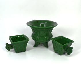 Chinese Green glass tripod cauldon and cups