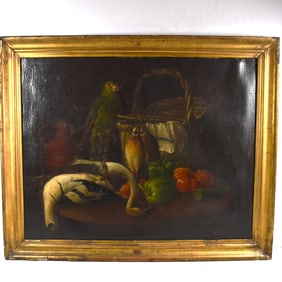 Continental School, Still life with parrot, oil on canvas