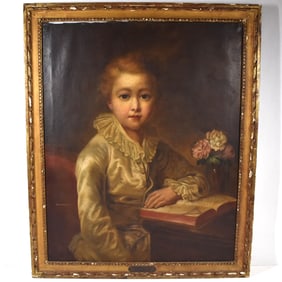 19th cent. French School, oil on canvas potrait of child after J.B Greuze