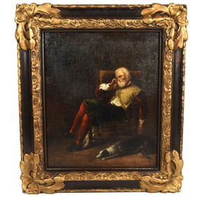 19th cent. Continental School, Sleeping man with greyhound