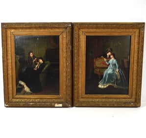 Follower of Auguste Toulmouche, Pair of Interior scenes oils on panel circa 1900