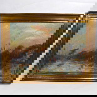 Albert Marie LEBOURG (1849-1928), Rivescape at sunset, oil on canvas: A French post impressionist oil on canvas featuring a riverscape at sunset. Signed Lebourg lower right for Albert Marie LEBOURG ( French,1849-1928). Relined. Approximate measurements (Total, including