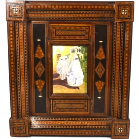 Orientalist oil on board in Middle-Eastern inlaid frame