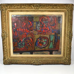 SIGNED post Fauvist oil on canvas still life with lobster & crab