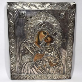 A Russian? Icon of the Mother of God with silver oklad