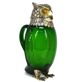 A Spanish  Silver & Green Glass Owl Decanter