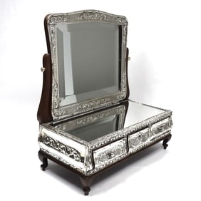 Antique silver mounted dressing vanity mirror with drawers