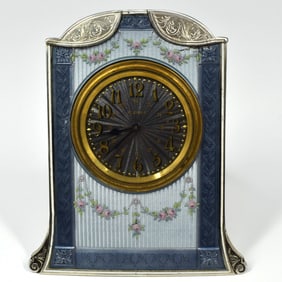 A Swiss Art Deco .935 silver and guilloche enamel desk clock