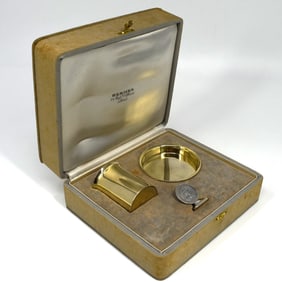HERMES Paris Art Deco gilt silver ashtray and match holder set in original case
