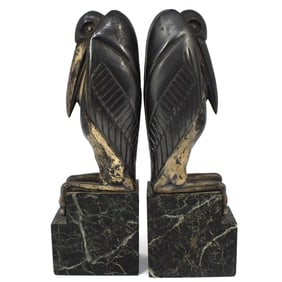 Marcel Bouraine  (1886-1948) Pair of silvered and patinated bronze Marabou stork bookends
