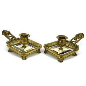 Pair of  French Japanesque bronze & porcelain chamberstics/ candlesticks