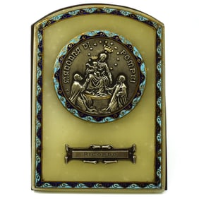 Antique Champleve enamel and onyx religious plaque: Madonna di Pompei