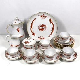 A Meissen Hand Painted Red & Gold Court Dragon porcelain 22-piece tea set