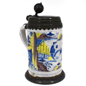 An 18th C. pewter-mounted German Chinoiserie faience tankard