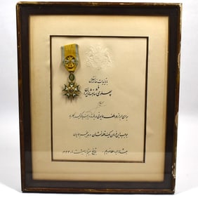 Order of the crown of Iran medal, framed & with signed document