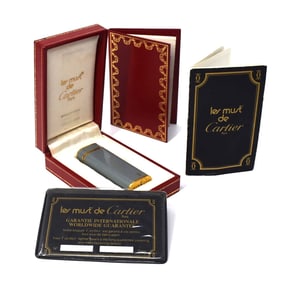 Must De Cartier Gold plated and grey enamel lighter in original case