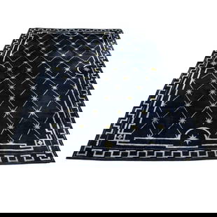 A 1950's French room size wool rug: A hard to find 1950's French room size wool rug with post-classical Greek-key border, star and lattice motifs, reminiscent of designs by renowned 1940's and 1950's French designer Gilbert Poillerat (1