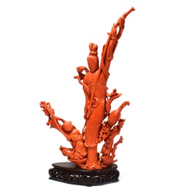 Signed Chinese Natural Salmon Red Coral Figural Sculpture group, 811g