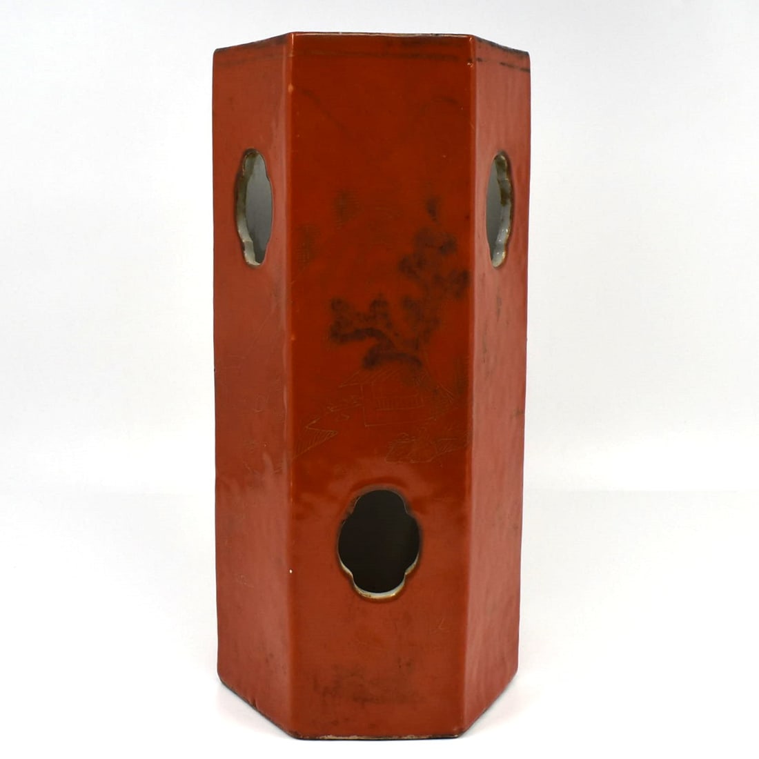A Chinese orange-red-glazed gilt decorated porcelain hat stand (1 of 17)