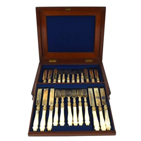 An English gilt sterling silver & mother-of-pearl dessert flatware set for 12, George Unite, 1864