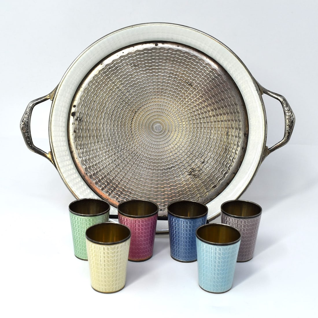 A Swiss Art Deco sterling silver and guilloche enamel liquor set (1 of 14)