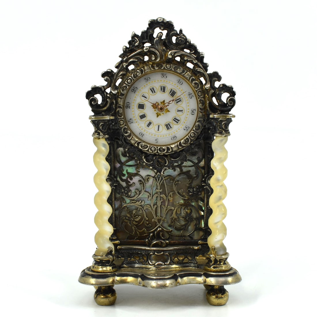 An antique German silver and mother-of-pearl clock by Martin Mayer (1 of 13)