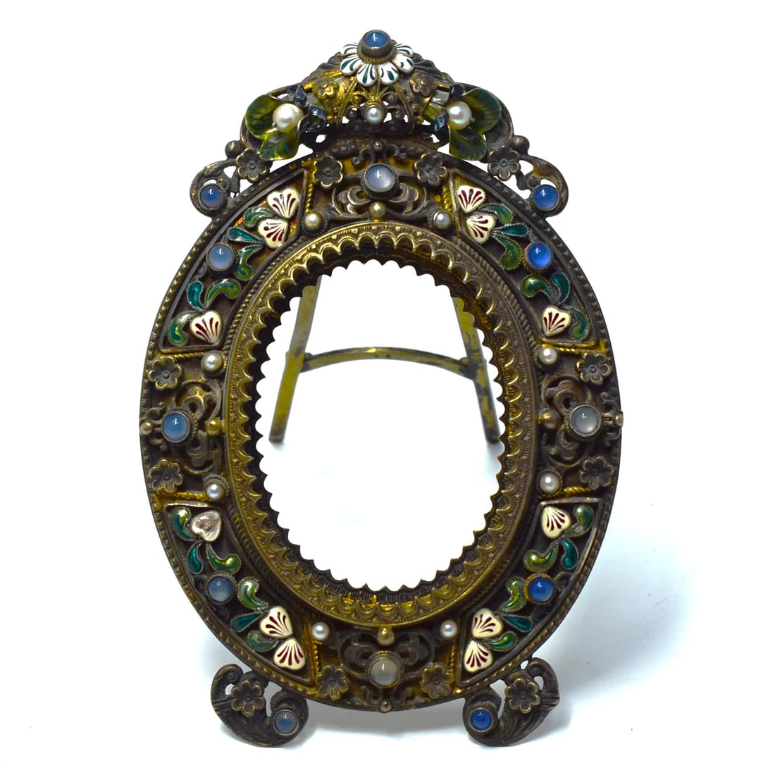 Antique Italian enameled and bejeweled gilt-silver picture frame (1 of 9)