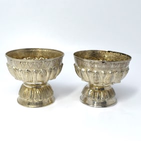A pair of Thai Silver Offering Bowls with Embossed Lotus Petals