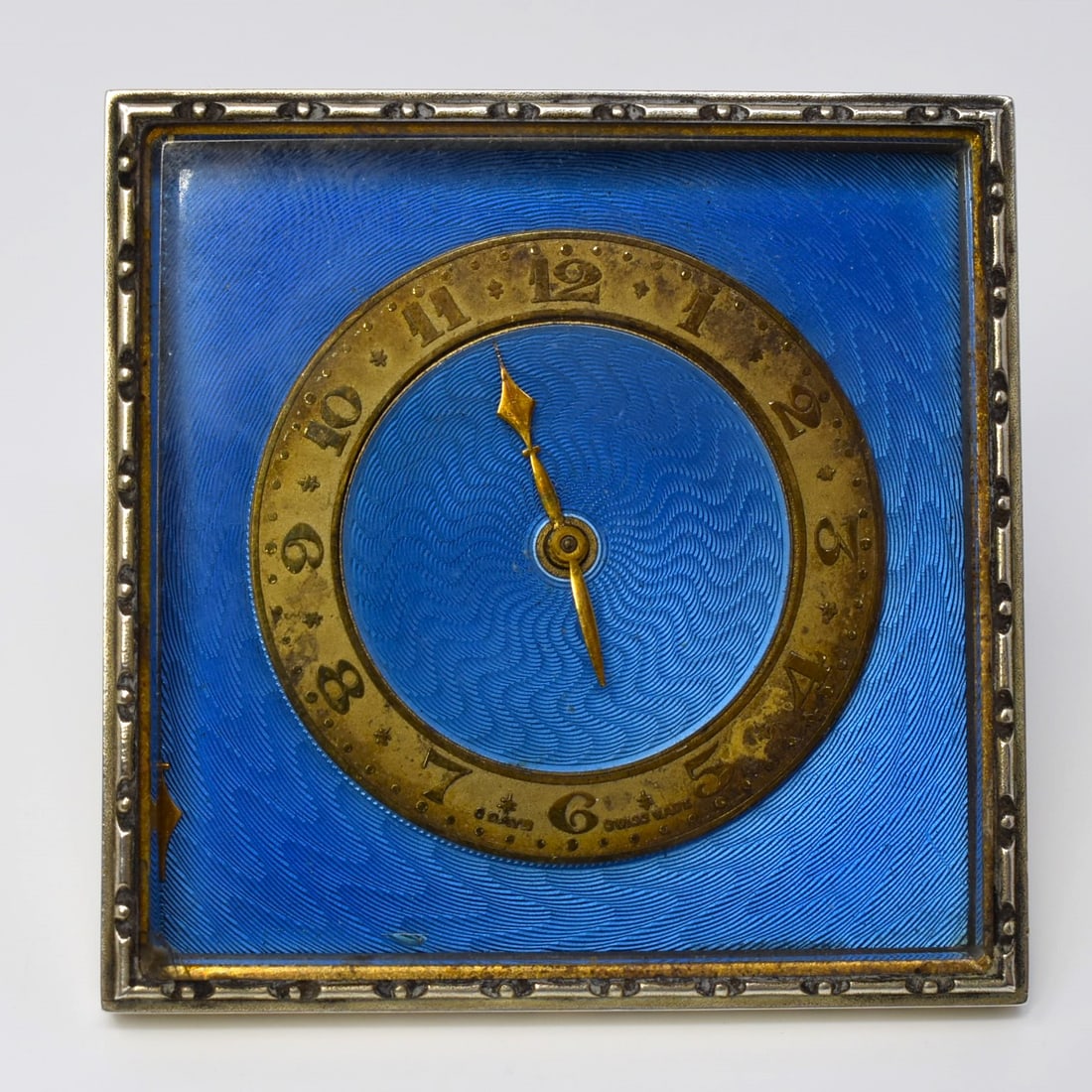 Antique silvered brass and guilloche enamel travel clock (1 of 9)