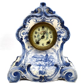 Ansonia Mantle Clock With Dutch Delft Pottery Case
