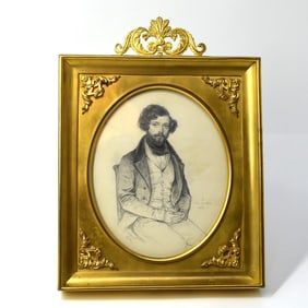 Jules Germain, pencil drawing portrait of the Duc de Tourzel, 1836 in gilt bronze frame