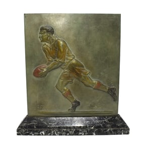 FREDERIC C. FOCHT,  Art Deco bronze relief plaque of a Rugby player