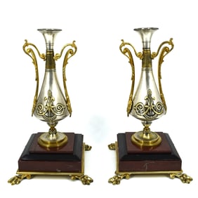 F. BARBEDIENNE , a pair of antique French Etruscan revival bronze urn-vases