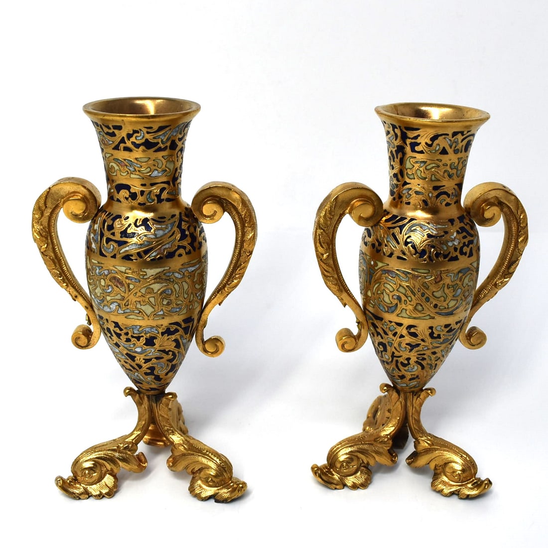 A small pair of antique French gilt bronze & champleve enamel vases (1 of 11)