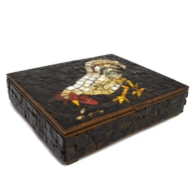 A large vintage Mexican glass mosaic and brass cigar box with rooster motif