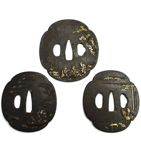 A grouping of three Edo period iron Tsubas featuring elders in landscape