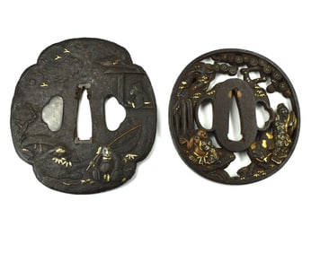 A grouping of two Edo period iron Tsubas featuring people in landscapes