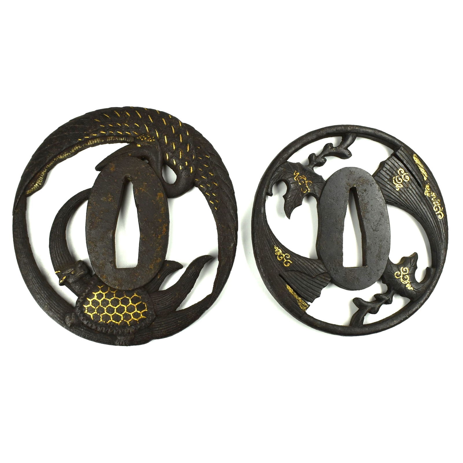 A grouping of two Edo period iron Tsubas with gilt highlights (1 of 5)